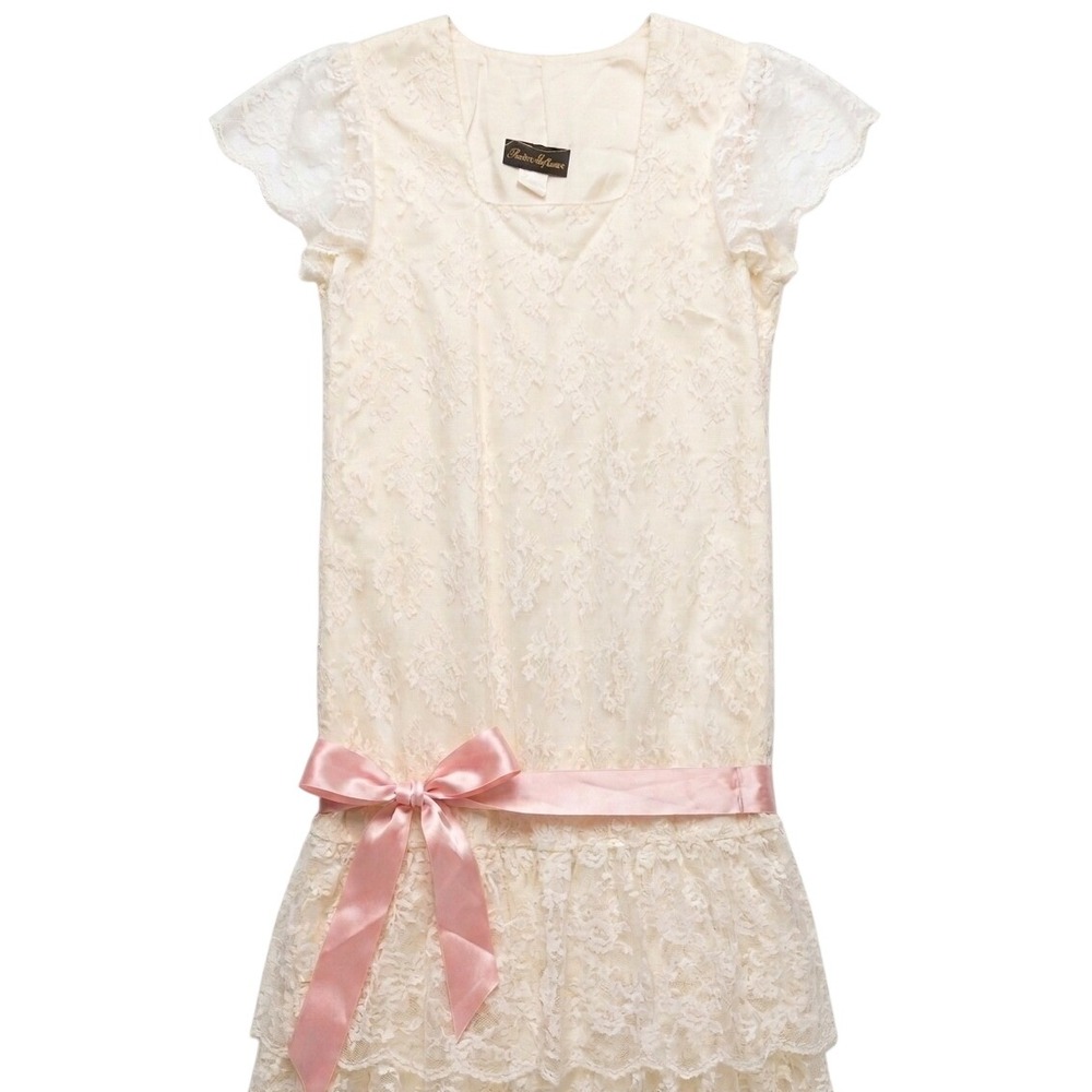 Positive Influence Lace Dress S Cream Pink Ribbon Drop Waist Coquette Flapper